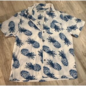 Milano Bay Mens Medium Blue Pineapple Print Short Sleeve Button Down Shirt